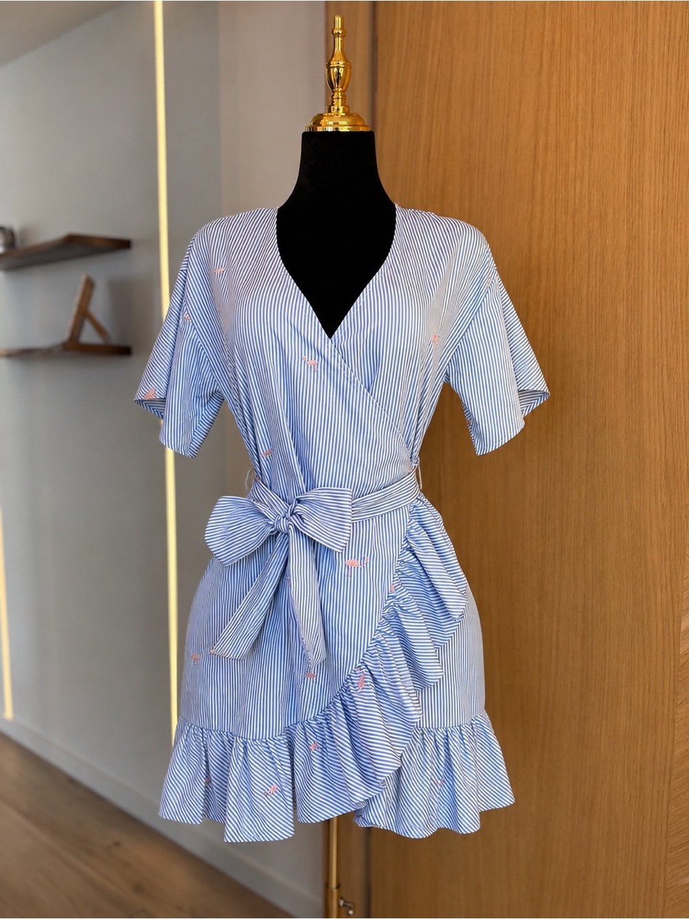 Romeo & Juliet Couture Blue Flamingo Stripe Wrap Dress | Effortless Muse